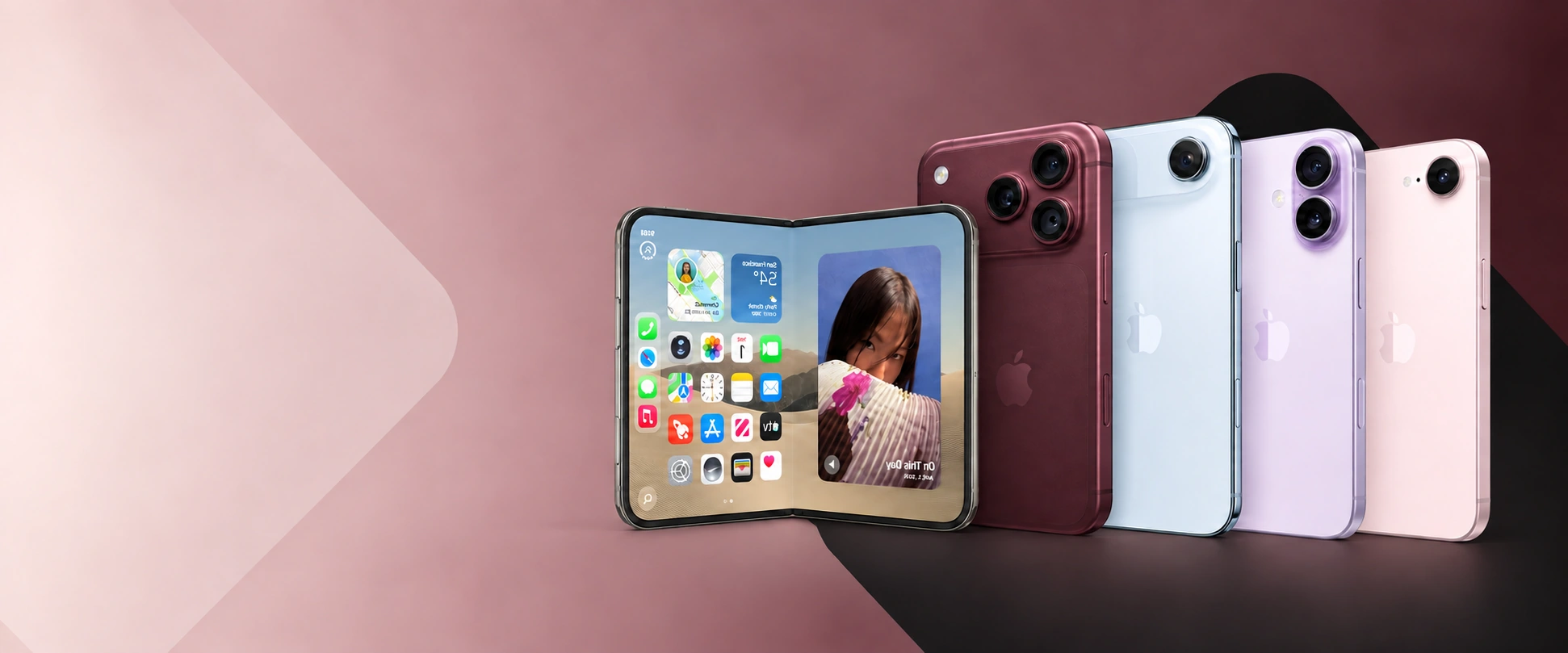 Актуальная линейка iPhone: четыре смартфона и раскрытый iPhone Duo, зеркальная композиция